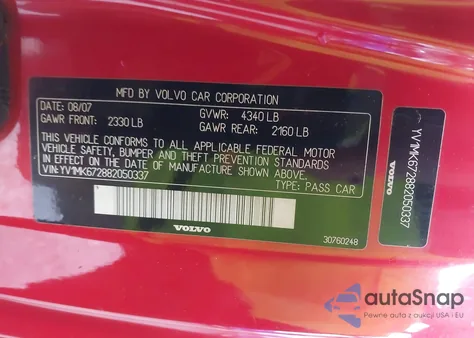 2008 Volvo C30 T5 R-Design/T5 Version 1.0/T5 Version 2.0/Version 2.0 z USA, uszkodzony, nr VIN YV1MK672882050337